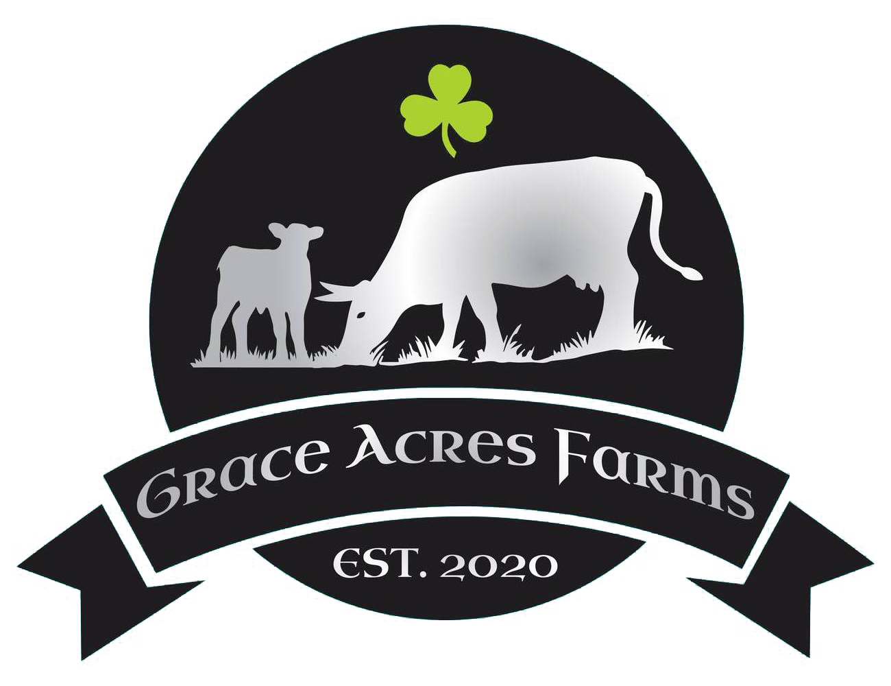 Logo Logo of Grace Acres Farms featuring a cow and calf, with a green clover symbol, established in 2020. The design emphasizes farm life and sustainable agriculture.